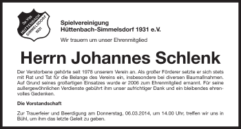 Traueranzeige von Johannes Schlenk von Pegnitz-Zeitung